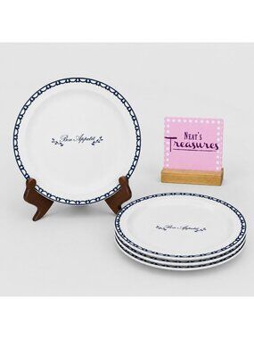 Home Target BON APPETIT Blue Words White Porcelain 7.5" Salad Plates Set Of 4